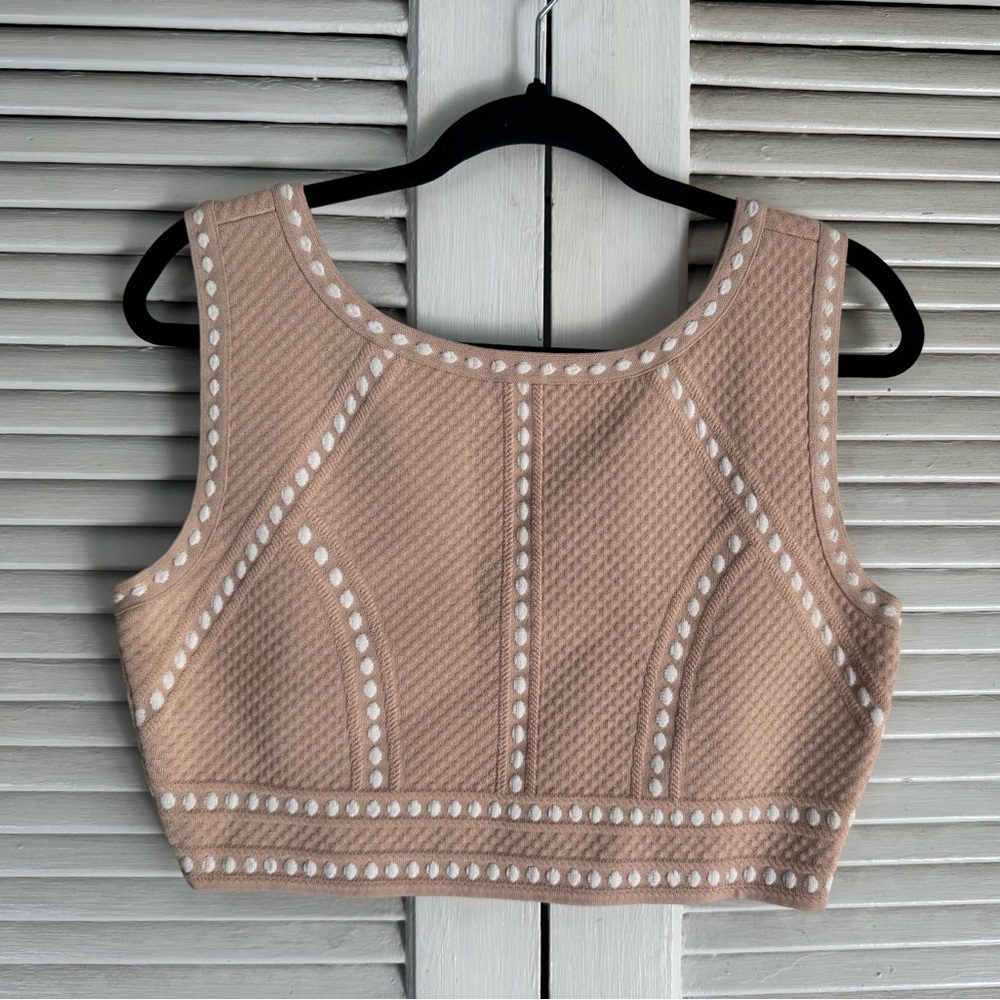 BCBGMaxAzria Textured Tan Crop Top with White Accents